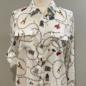 NWT Karl Lagerfeld Eiffel Tower / pearl chain / White Button down Blouse Size M